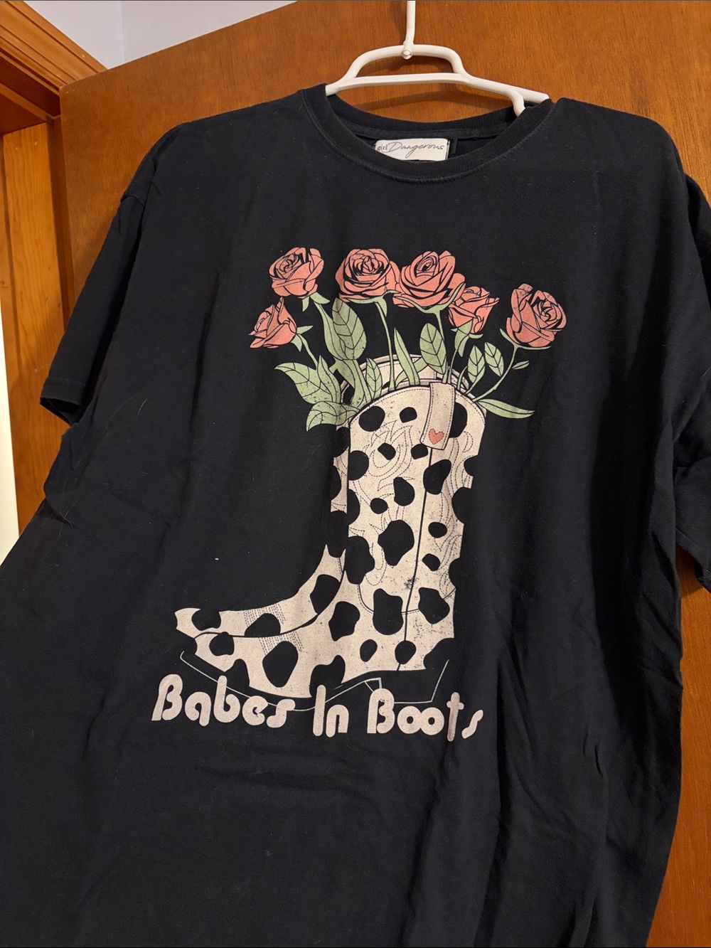 Babes In Boots Black Graphic Tee with Pink Rose Boot Motif